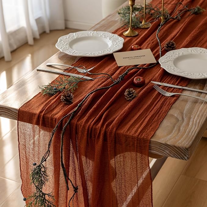 3pcs Fall Terracotta Table Runner Rust Gauze Rustic Cheesecloth 120 Inch 10 FT by KEKETOARRANGE