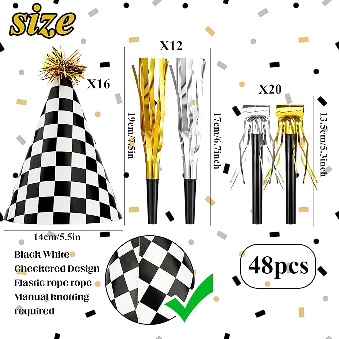 48 Race Car Birthday Party Hats Race Car Party Supplies Include Black White - Image 2