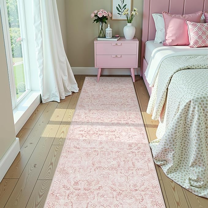 Pink 3x12 Runner Rug for Hallways Bed Side Kitchen, Boho Washable Distressed - Image 3
