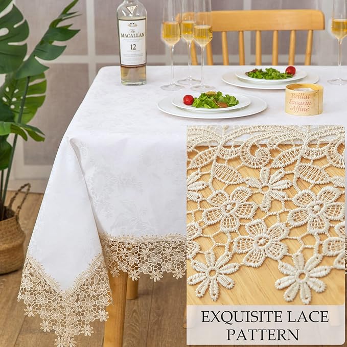 Beige lace Premium Rectangle Farmhouse Tablecloth Waterproof OilProof - Image 3