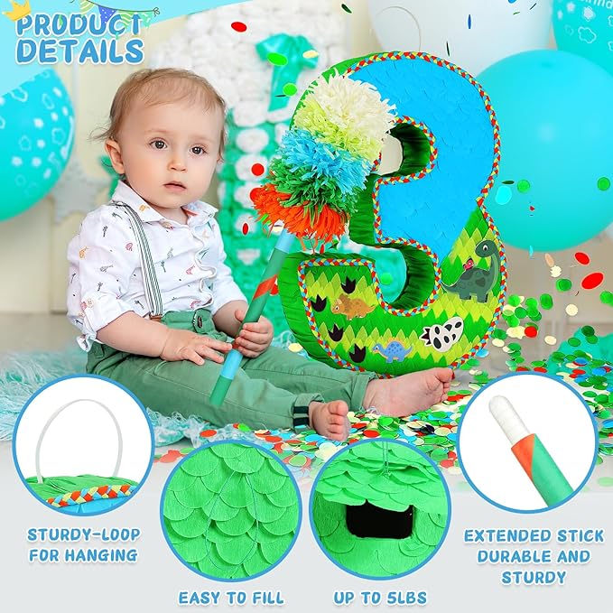 Number 3 Pinata for Birthday Party Decorations, Jungle Dinosaur Piñata Games Toy - Image 4