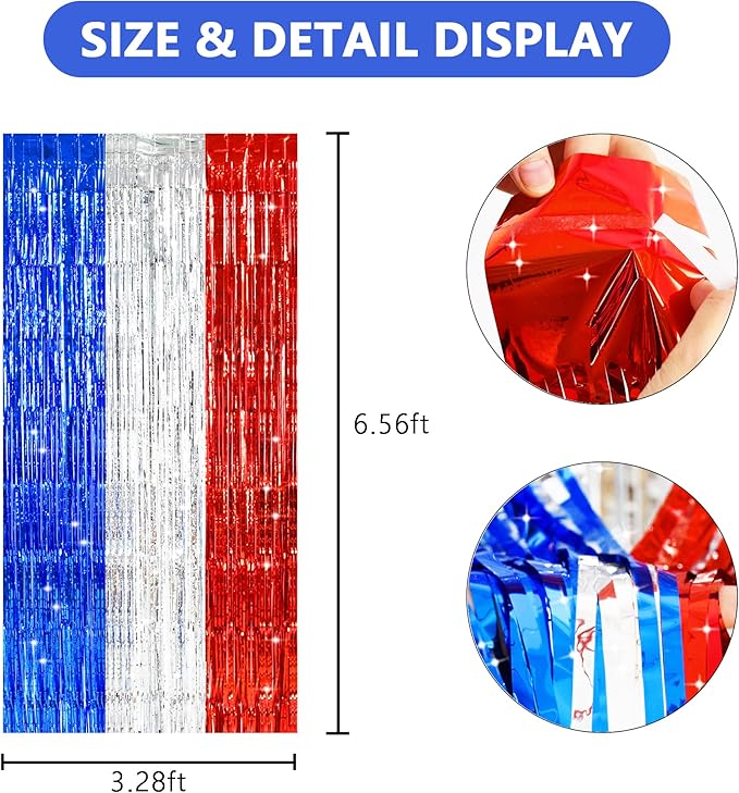 TONIFUL Red White and Blue Tinsel Foil Fringe Curtains, 4th of July Decorations - Image 2