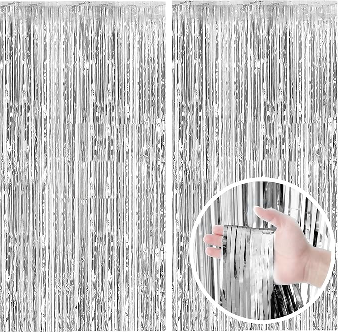 2 Pack Silver Backdrop Curtain Party Decorations Foil Fringe Backdrop Silver by BOMSI