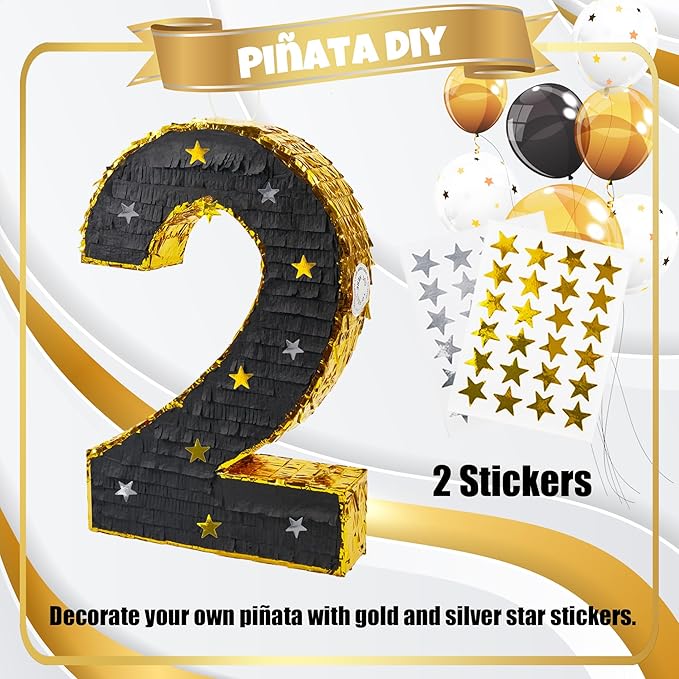 PCFING 20 Inch Number 2 Piñata Gold Black - Image 3
