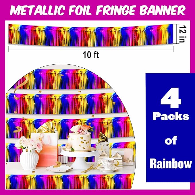 4 Pack 10 Ft Rainbow Foil Fringe Garland Metallic Streamers Tinsel Banner Wall - Image 2