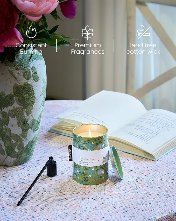 M&SENSE White Tea Sage Scented Candle, Medium Jar Candle 11.3oz Natural Soy Wax - Image 4