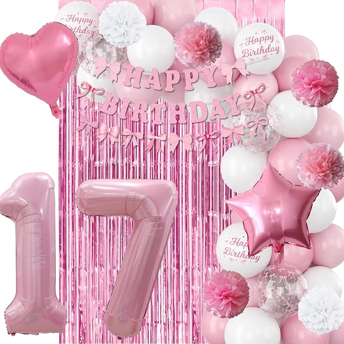 17th Birthday Decorations for Girls Pink Number 17 Balloon Bow Coquette Happy - Image 4
