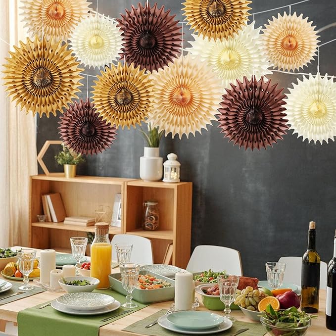 12PCS Paper Fans Brown Neutral Boho Party Decorations Tissue Paper Flowers - Image 6