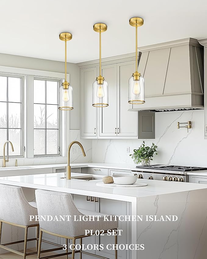 LIROUVET 2 Pack Pendant Lights, Vintage Hanging Lights, Brushed Gold Pendant - Image 3