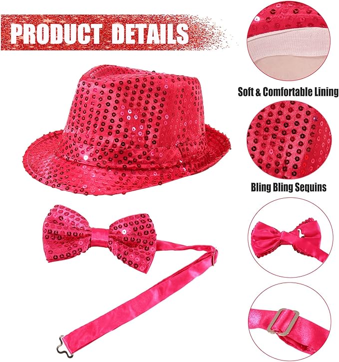 10 Pcs Unisex Sequin Fedora Hat Sequin Bow Ties Set Bling Retro Dance Jazz Cap - Image 3