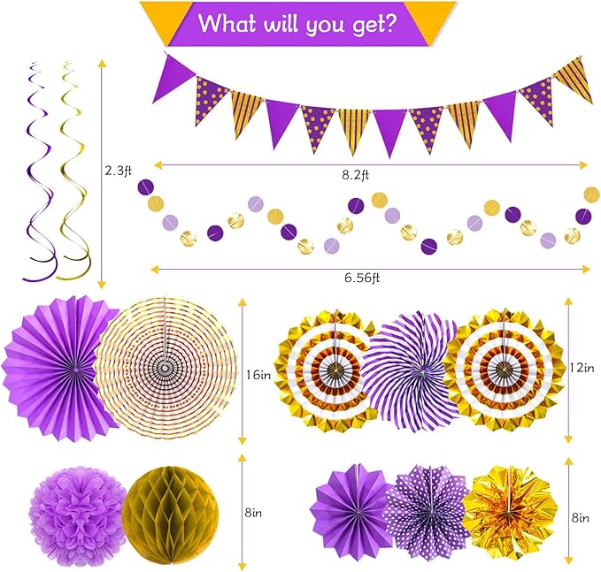 Purple Gold Party Decorations Paper Fans, Graduation Season Hanging Glitter - Image 3