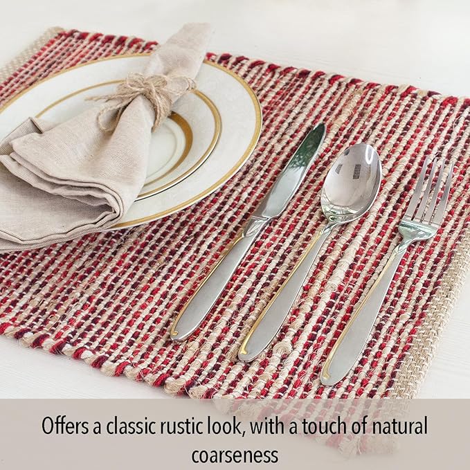 Chardin Home Natural Jute & Red Placemats, 13x19 Inch Dining Table Placemats - Image 3