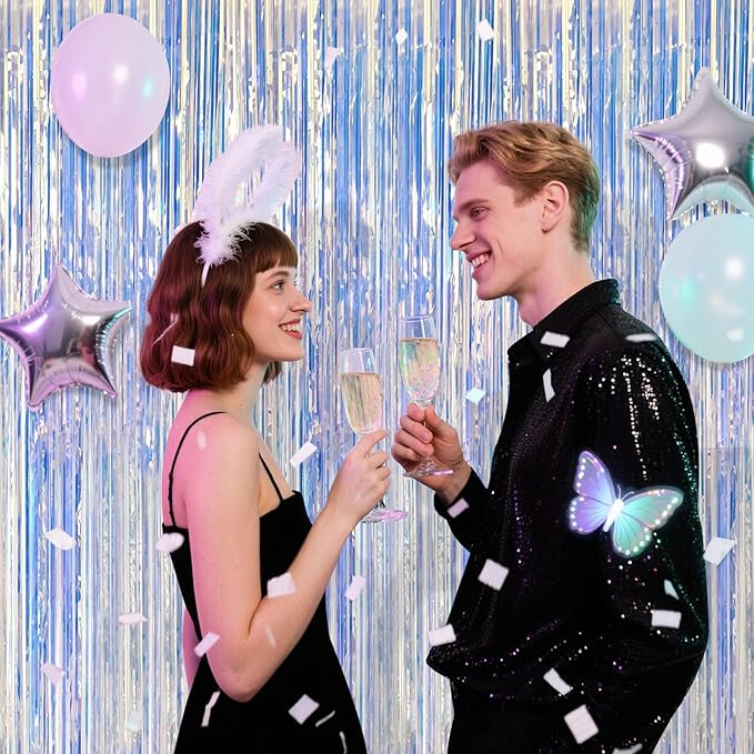 5 Pack Iridescent Neon Party Decorations Sparkly Tinsel Backdrop Foil Fringe - Image 3