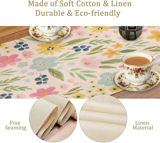 Floral Table Runner, Boho Style Watercolor Flower Green Leaf Plant Rectangle - Image 4