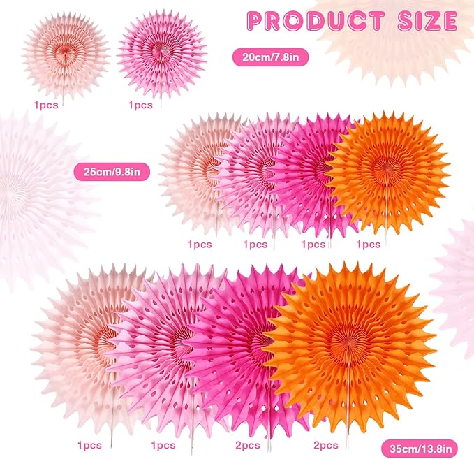 BestoFun 12PCS Paper Fans Orange and Hot Pink Party Decorations Tissue Paper - Image 3