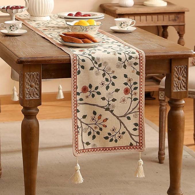 ISAENNE Designer Elegant Linen Floral Table Runner 71 Inches Long, Farmhouse - Image 2