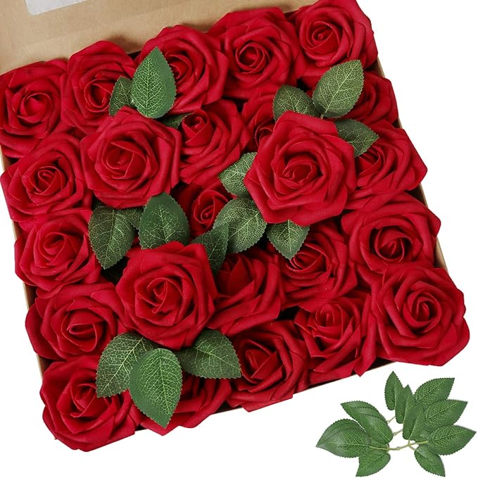AmyHomie Artificial Flowers Dark Red Rose 100pcs Real Looking Fake Roses w/Stem by AmyHomie