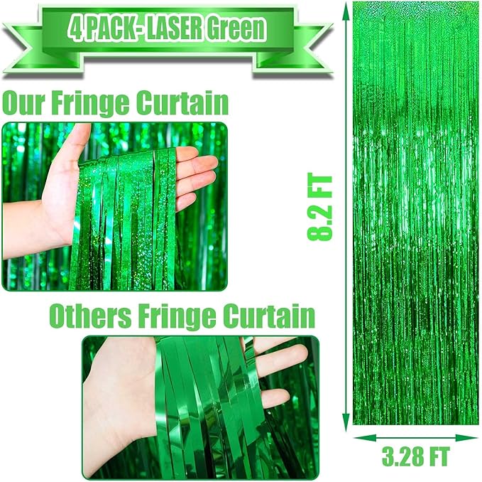 4 Pack Green Tinsel Foil Fringe Curtain Backdrop, 3.28Ft x 8.2Ft Metallic - Image 2