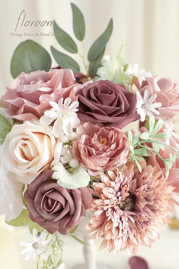 Floroom Dusty Rose Mauve Artificial Flowers Fake Roses Peony and Greenery Combo - Image 3
