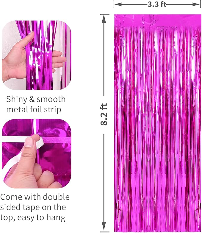 2 Pack Hot Pink Foil Fringe Curtains Streamers Party Decorations 3.3 x 8.2 ft - Image 2