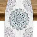 Boho Flower Table Runner, Bohemian Turquoise Mandala White Teal Floral Kitchen by JanJCurt
