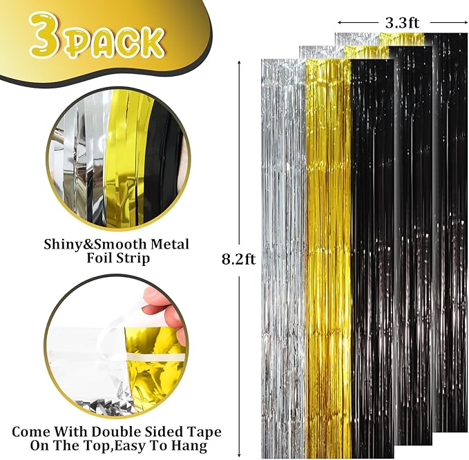 3 Pack 3.3 x 8.2 ft Black Gold Silver Foil Fringe Backdrop Curtains, Tinsel - Image 2
