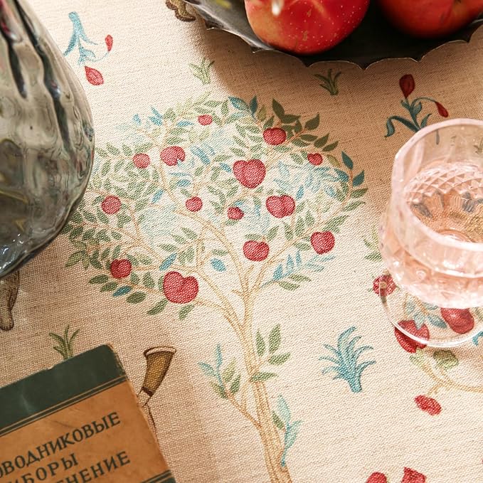 patdrea Designer Linen Beige Round Tablecloth, Vintage Italian Trees Pattern - Image 5