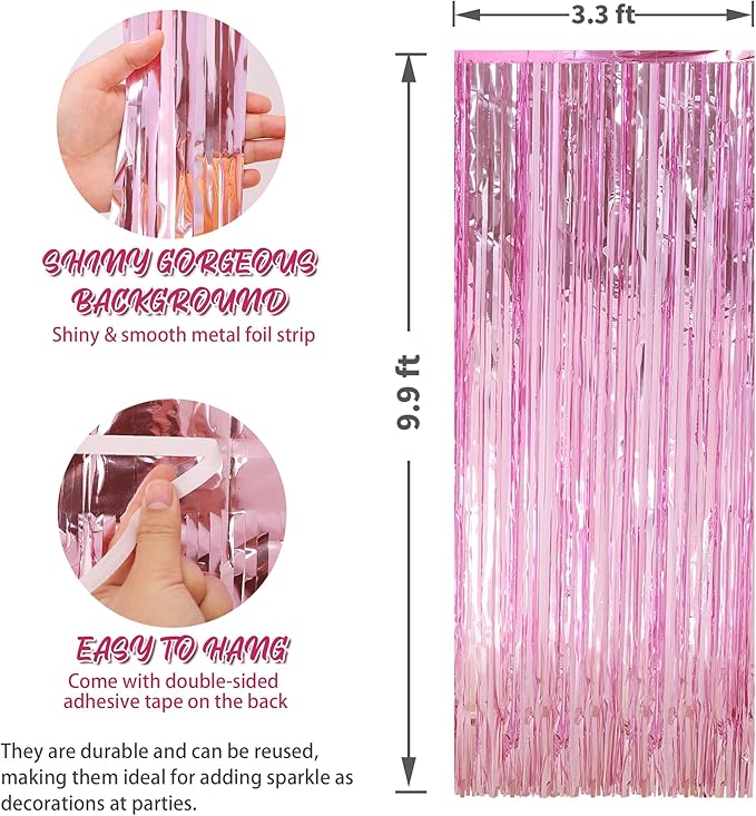 Crosize 3 Pack 3.3 x 9.9 ft Pink Foil Fringe Glitter Curtains Party Decorations - Image 2