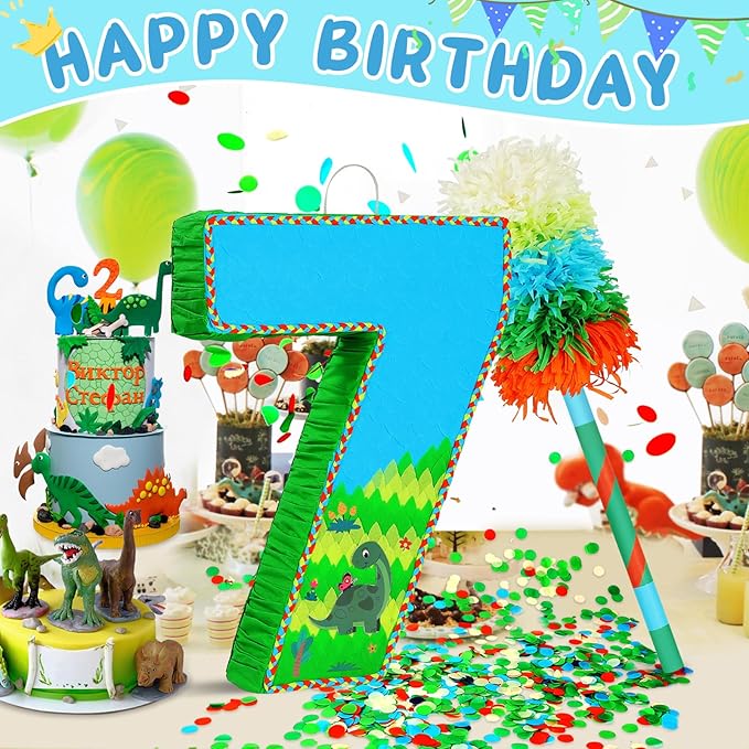 Number 7 Pinata for Birthday Party Decorations, Jungle Dinosaur Piñata Games Toy - Image 2