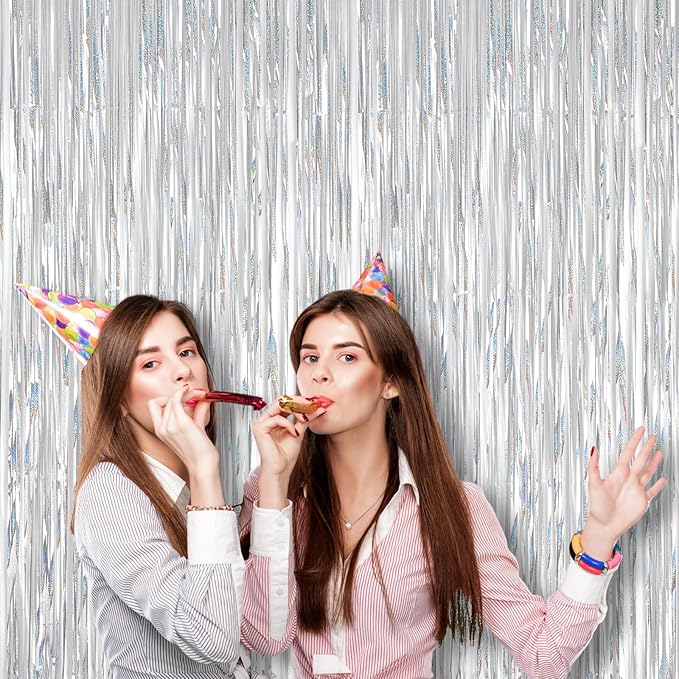 2 Pack Laser Silver Foil Fringe Backdrop Curtains, Tinsel Streamers Birthday - Image 7