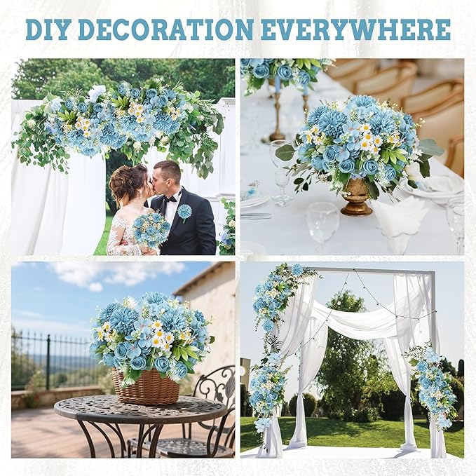 12 Bundles Artificial Flowers Blue Fake Rose Flower Mixed Chrysanthemum - Image 5