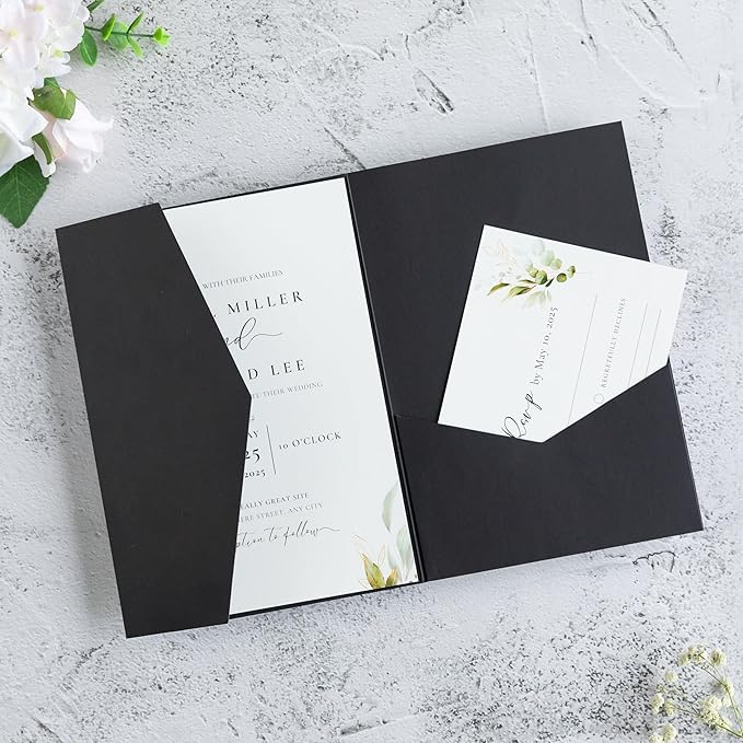20 PCS Black Tri-fold Laser Cut Wedding Invitation Pockets by FEIYI