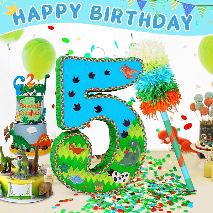 Number 5 Pinata for Birthday Party Decorations, Jungle Dinosaur Piñata Games Toy - Image 2