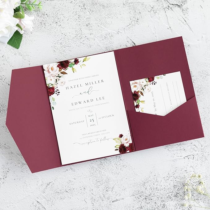 20 PCS Burgundy Tri-fold Laser Cut Wedding Invitation Pockets - Image 9