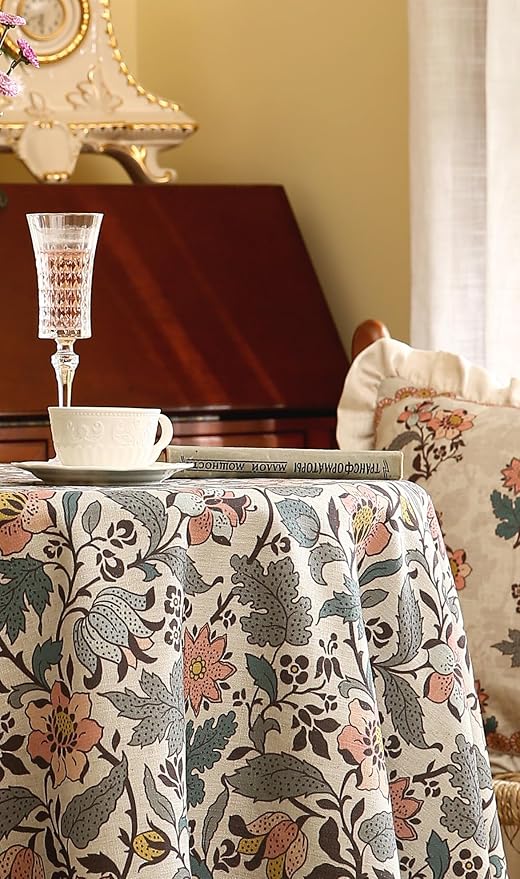 ISAENNE Designer Boho Floral Small Round Tablecloth, Linen Lotus Flower Pattern - Image 8
