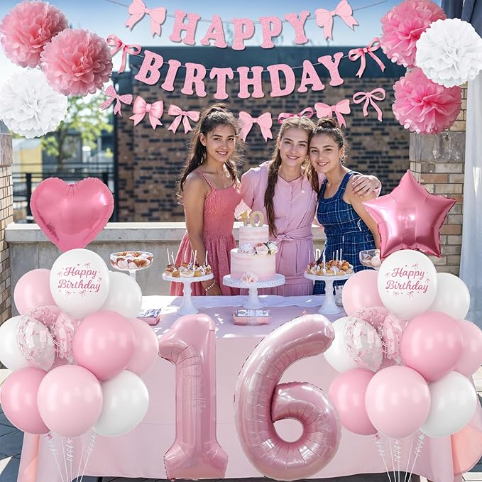 16th Birthday Decorations for Girls Pink Number 16 Balloon Bow Coquette Happy - Image 4