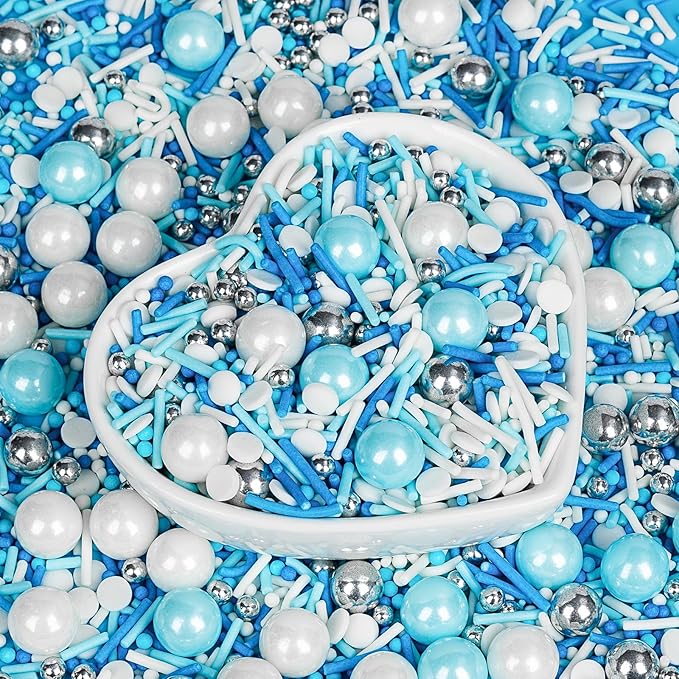 Edible Blue Silver White Sprinkles, Winter Jimmies Pearls Mix, 130g/4.58oz - Image 8