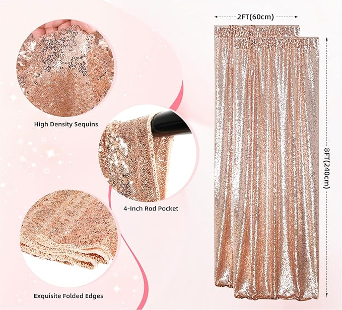 Juya Delight 2Pcs 2FTx8FT Rose Gold Sequin Backdrop Curtains Rose Gold Glitter - Image 2