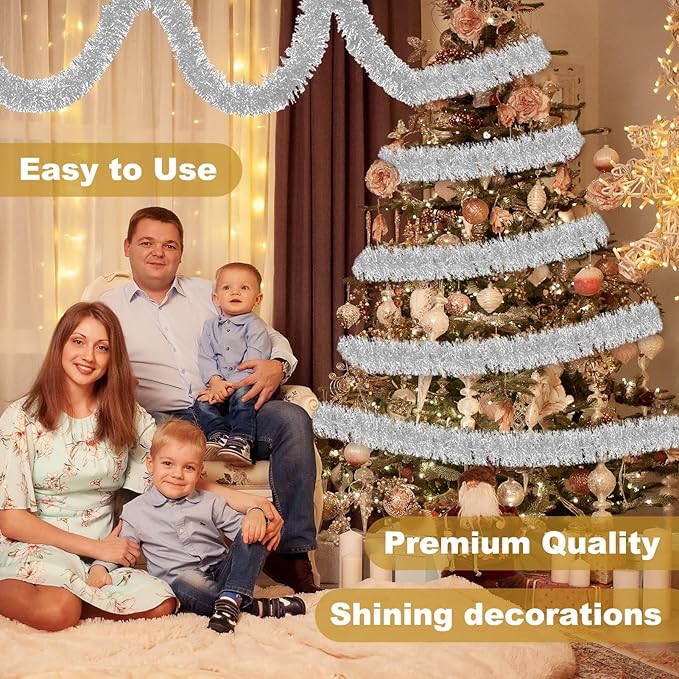 25 Feet Silver Christmas Tinsel Garland, Metallic Foil Twist Banner Wall - Image 4