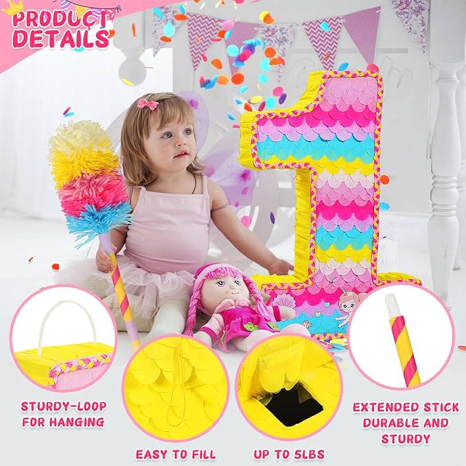 Number 1 Pinata for Birthday Party Decorations, Unicorn Mermaid Theme Pink - Image 3