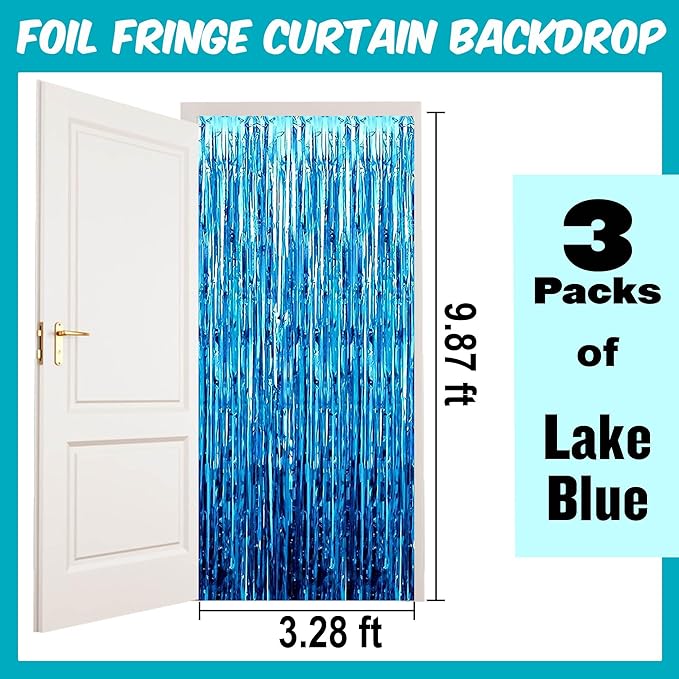3 Pack Lake Blue Foil Fringe Curtains Backdrop, 3.28 x 9.8 Ft Metallic - Image 2