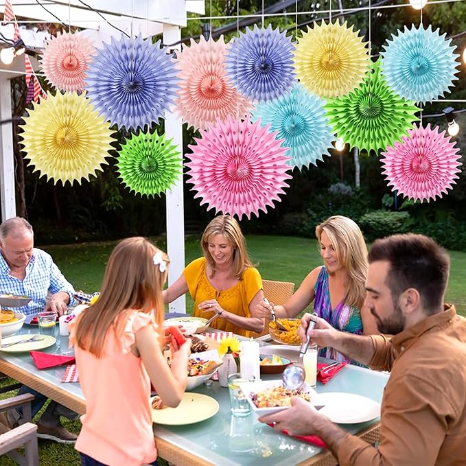12PCS Paper Fans Pastel Rainbow Colorful Party Decorations Tissue Paper Flowers - Image 7