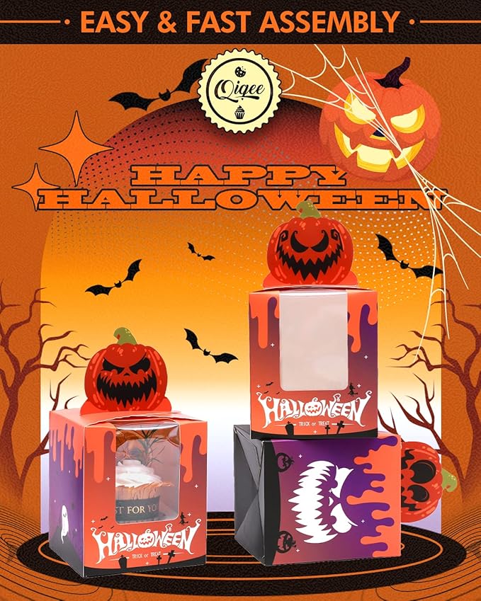 qiqee Halloween Individual Cupcake Boxes Cupcake Holders Disposable 60pcs - Image 2