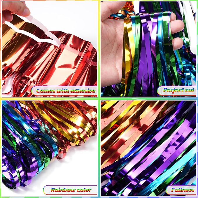 2Pack 3.3X6.6Ft Rainbow Foil Fringe Curtains Backdrop Decorations, Rainbow - Image 3