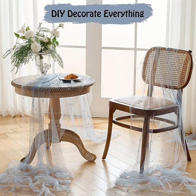 Fanami 6 Pack Pearl Table Runner -10FT Dusty Blue Boho Tulle Table Runners 120 - Image 8
