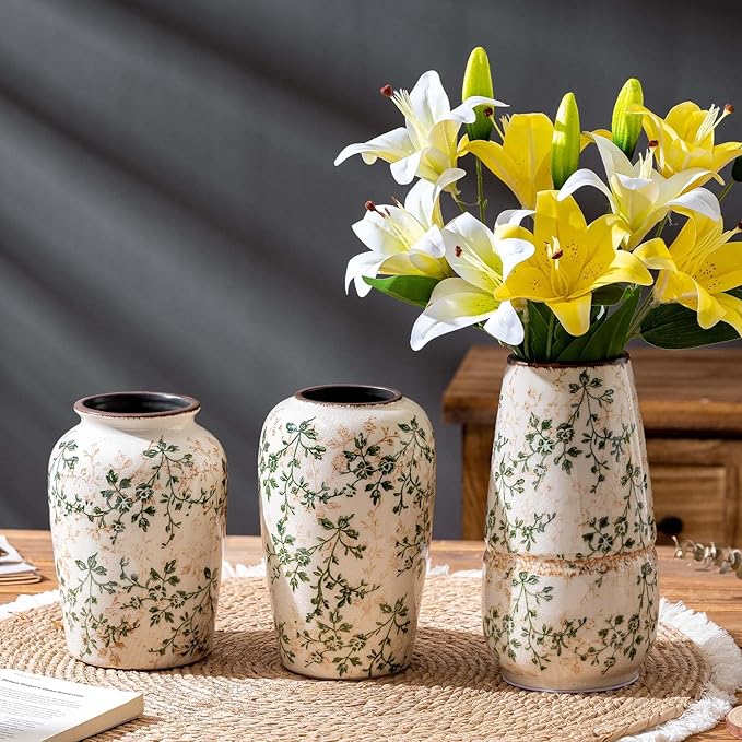 Vintage Green and Beige Vase, Large Round Ceramic Floral Vases, Retro Ice - Image 5