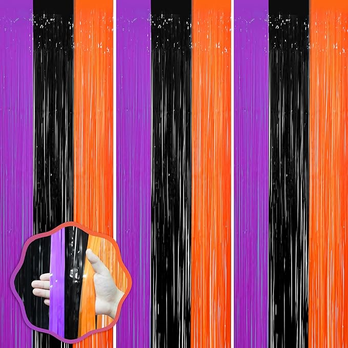3 Pack 3.3 x 8.2 ft Halloween Foil Fringe Backdrop Curtains, Tinsel Streamers by Voircoloria