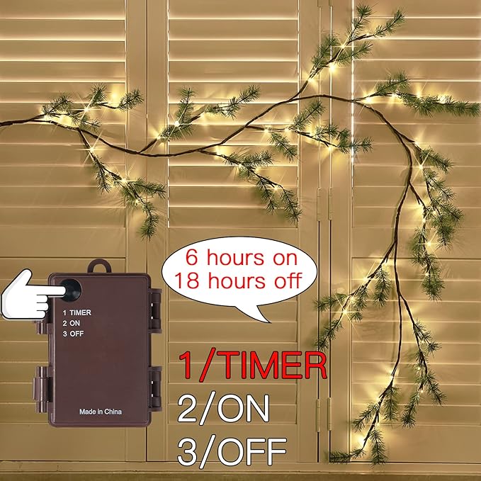 Fudios Lighted Christmas Pine Garland 6FT 48 Warm White LED Battery Operated - Image 2