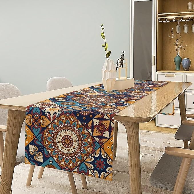Vintage Mandala Table Runner, Bohemian Brown Blue Tile Traditional Indian - Image 2