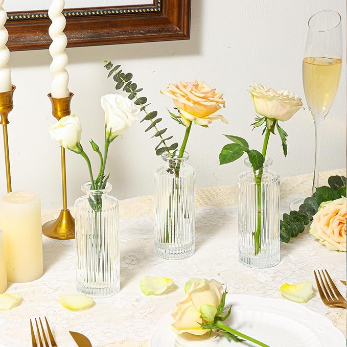 ComSaf Glass Bud Vases Set of 3, Small Flower Vases in Bulk, Mini Ribbed Vases - Image 2